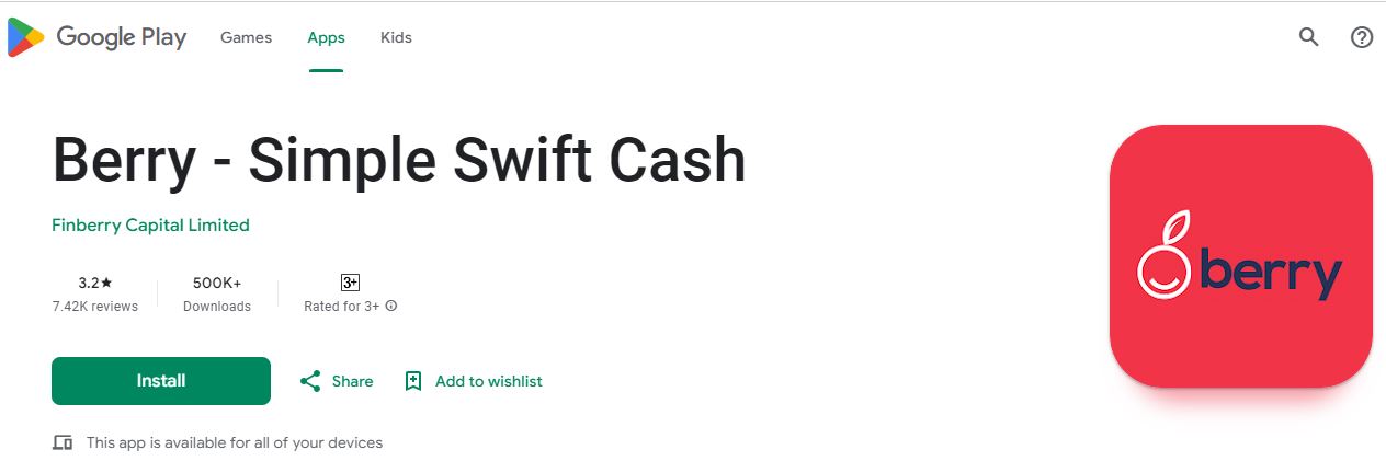 Desktop screenshot of Berry Loan App in Play Store