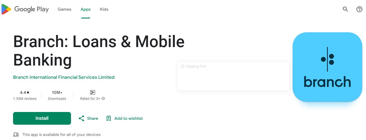 Desktop screenshot of Branch Mobile Loan App in Play Store